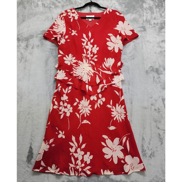 Vintage Donna Ricco Dress Womens 12 Red White Floral Short Sleeve Layered Midi - Picture 1 of 8